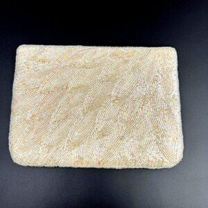 La Regale Vtg Beaded Evening Clutch Purse Ivory Satin Lining Zipper Sequined 7oz